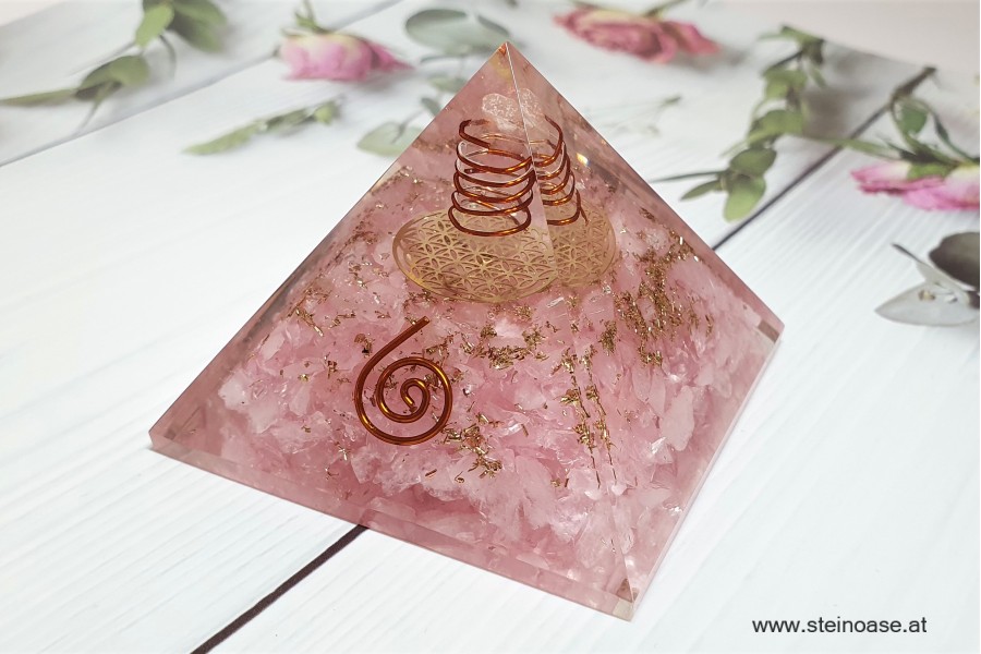 Orgonit Pyramide: Rosenquarz & Blume des Lebens & Herkimer Kristall & Spirale